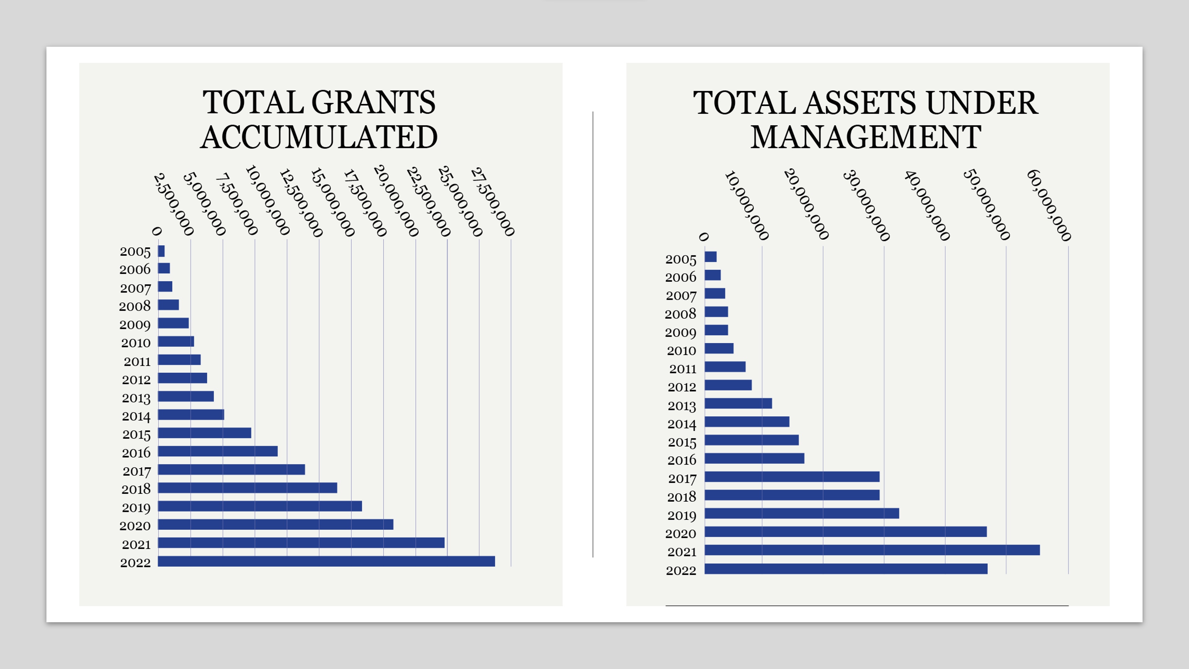 Two bar charts showing grants and assets data.