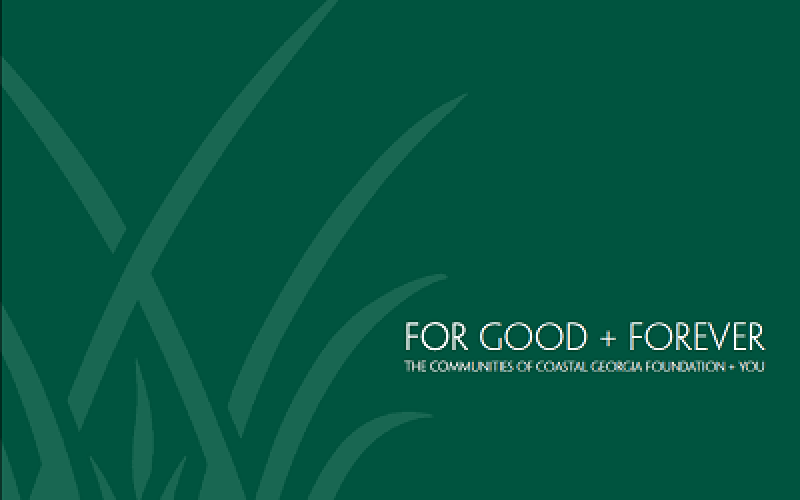 Green graphic with grass motif and the phrase "For Good + Forever."