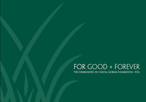 Green graphic with grass motif and the phrase "For Good + Forever."